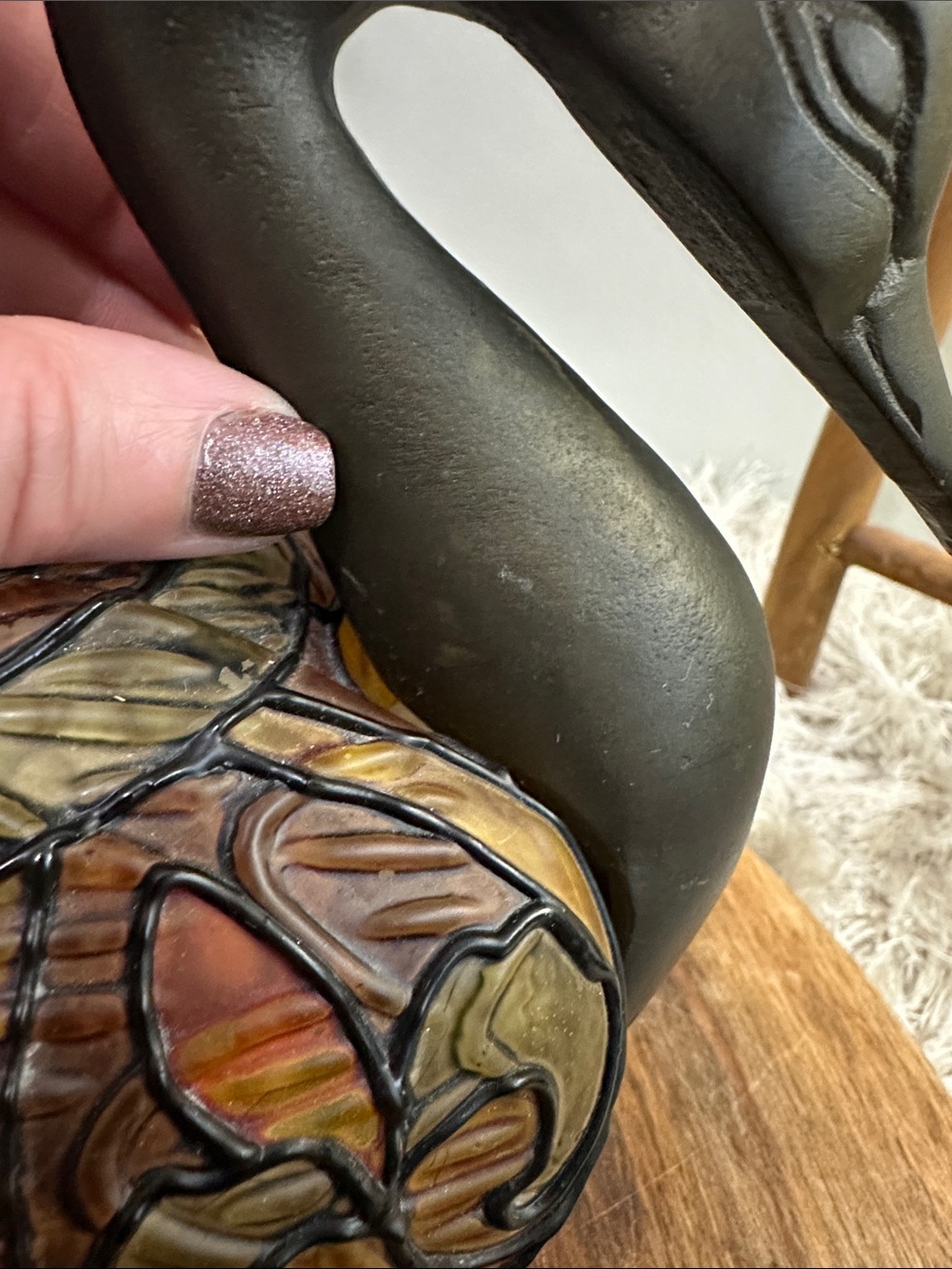 Vintage Stained Glass Style & Brass Tone Cast Metal Duck Table Library Lamp - Picture 8 of 17